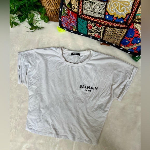 Balmain Tops - Balmain Flocked Crop Tshirt White Tee with Black Logo